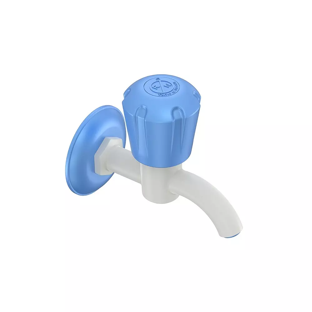 RN Eco Long Body BIB Tap With Flange PTMT White Blue 1/2 Inch (15 mm) Size for Kitchen & Bathroom Use, RNSUP19A20
