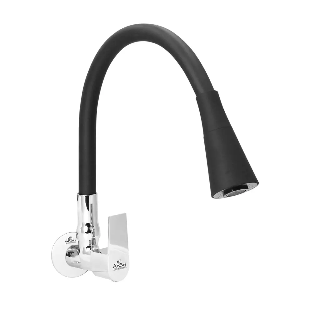 AR5H Kitchen Sink Tap Chrome Finish with 360° Flexible Dual Flow Silicone Swivel Spout (Wall Flange Included), Black & Silver