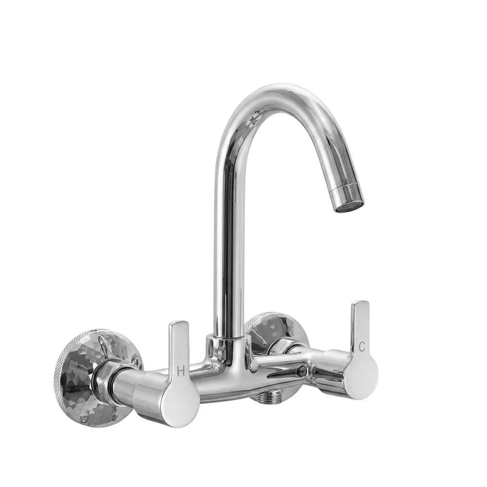 PLUMBER Ecoline Series Evion Range Two Hole Sink Mixer With Swivel Spout and Foam Flow, Chrome Finish and Wall Mounted, EVN-5104