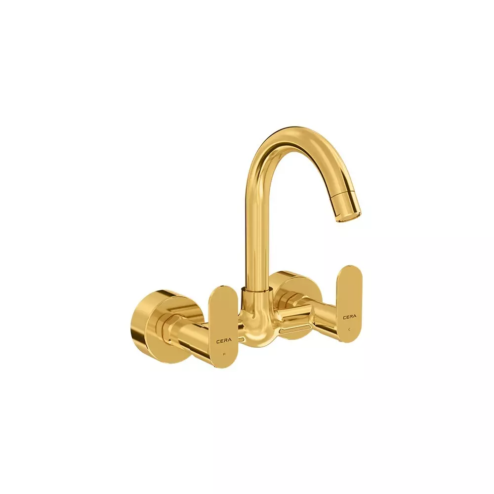 CERA Curve Sink Mixer Tap With Long Swivel Spout Connecting Leg & Wall Flange 6 Inch (150 mm) French Gold for Bathroom Use, F1023501FG