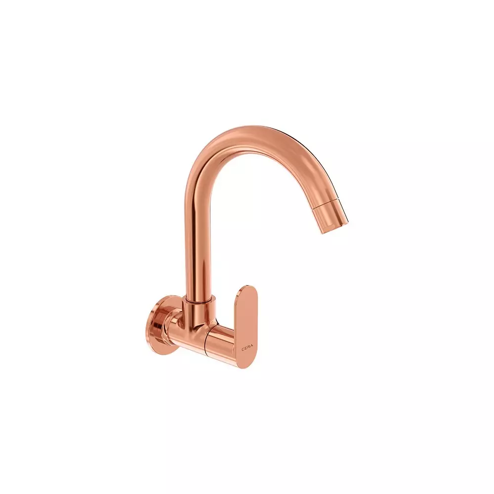 CERA Curve Sink Tap With Long Swivel Spout & Wall Flange 6 Inch (150 mm) Rose Gold Wall Mounted for Bathroom Use, F1023251RG