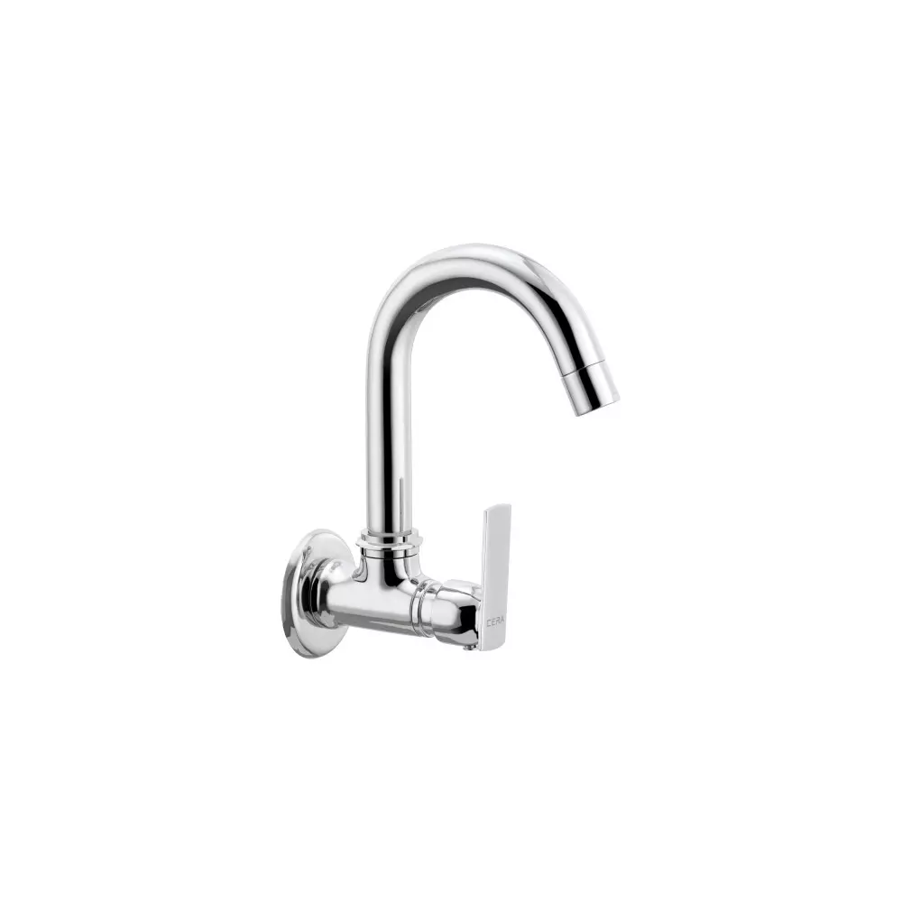 CERA Titanium Sink Tap With Long Swivel Spout & Wall Flange 6 Inch (150 mm) Silver Wall Mounted for Bathroom Use, F1003251