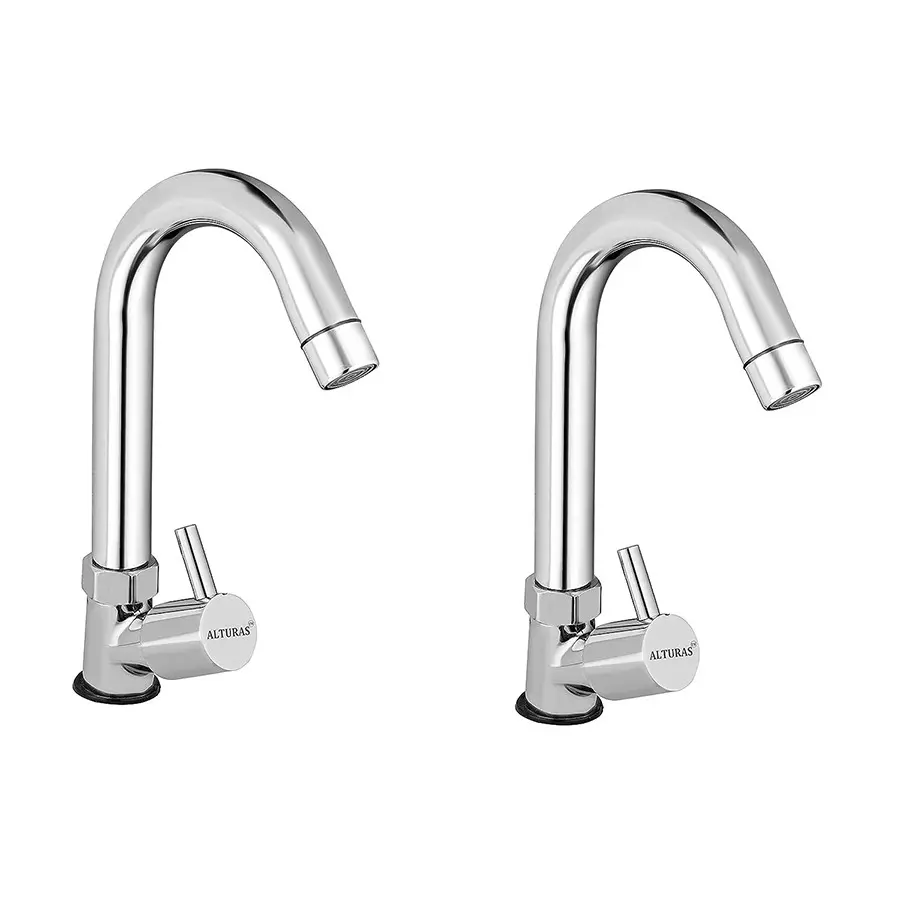 ALTURAS Turbo Jazz Swan Neck Brass Sink Cock Tap for Bathroom/Kitchen Pillar Tap (Set of 2)