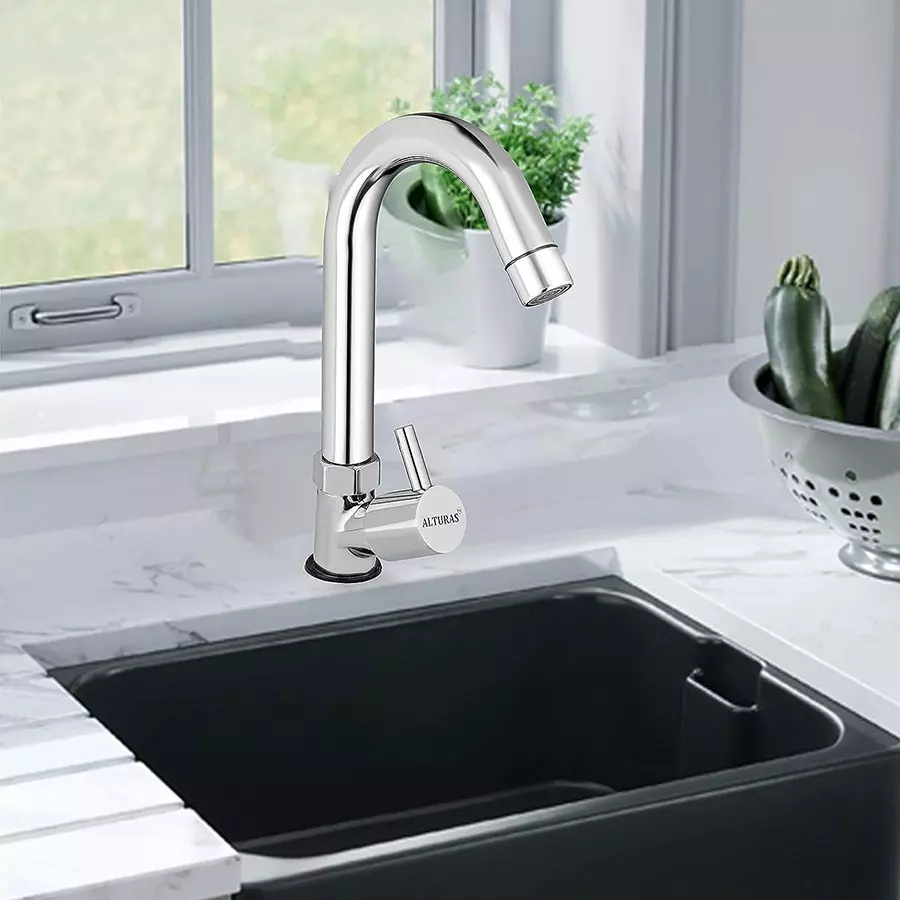 ALTURAS Turbo Jazz Swan Neck Brass Sink Cock Tap for Bathroom/Kitchen Pillar Tap (Set of 2)