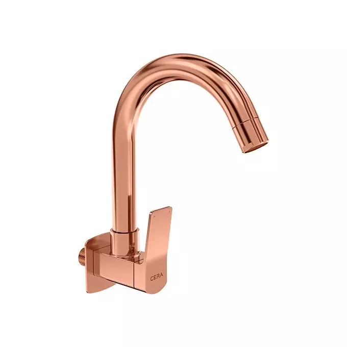 CERA Sylvina Sink Mixer Quarter Turn Wall Mount PVD Finish Rose Gold with Long Swivel Spout & Wall Flange, F1021251RG