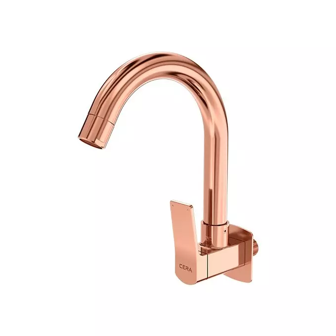 CERA Sylvina Sink Mixer Quarter Turn Wall Mount PVD Finish Rose Gold with Long Swivel Spout & Wall Flange, F1021251RG