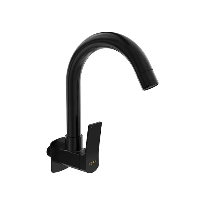 CERA Sylvina Sink Mixer Quarter Turn Wall Mount PVD Finish Black Matte with Long Swivel Spout & Wall Flange, F1021251BM