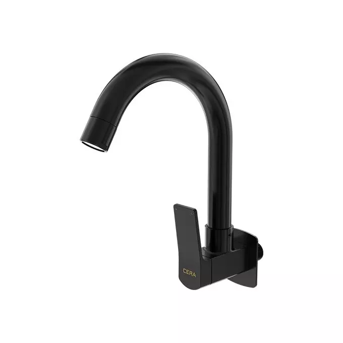 CERA Sylvina Sink Mixer Quarter Turn Wall Mount PVD Finish Black Matte with Long Swivel Spout & Wall Flange, F1021251BM