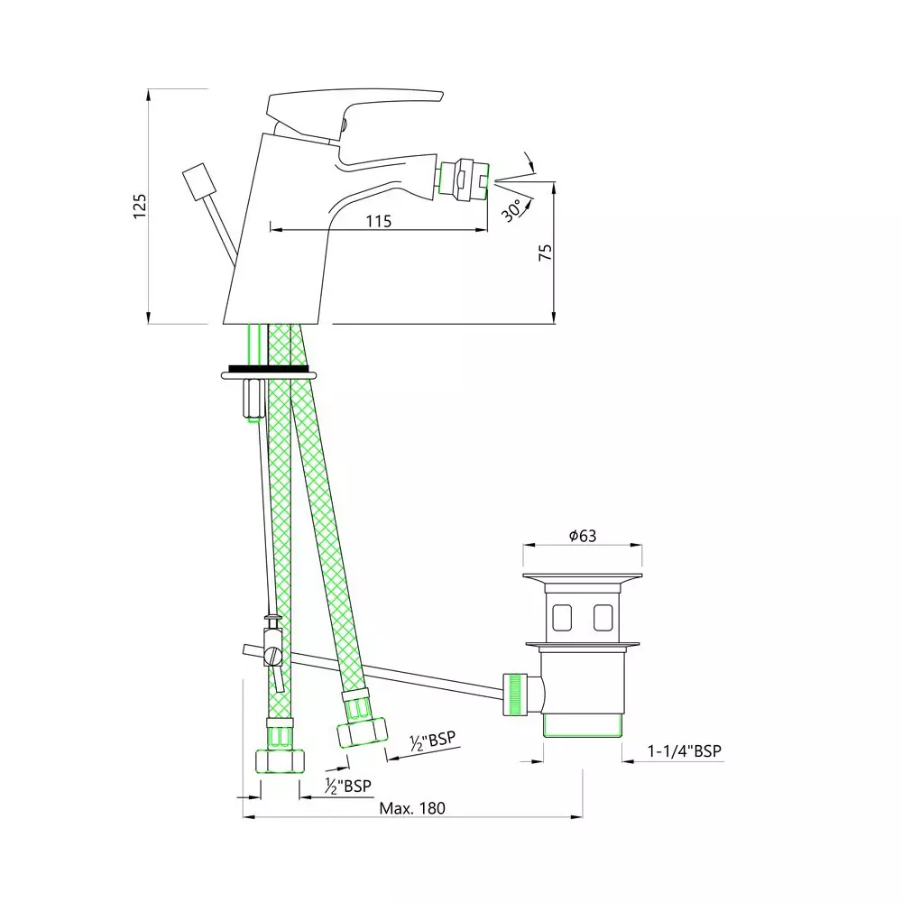 Essco by Jaquar Single Lever 1-Hole Bidet Mixer with Popup Waste System with 375 mm Long Braided Hoses, STE-107213B