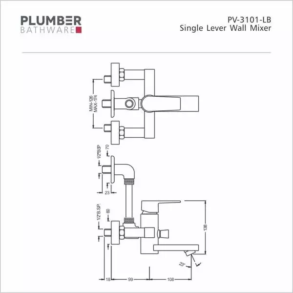 PLUMBER Prive Single Lever Wall Mixer with 'L' Shaped Tubular Bend Set for Overhead Shower, PV-3101-LB