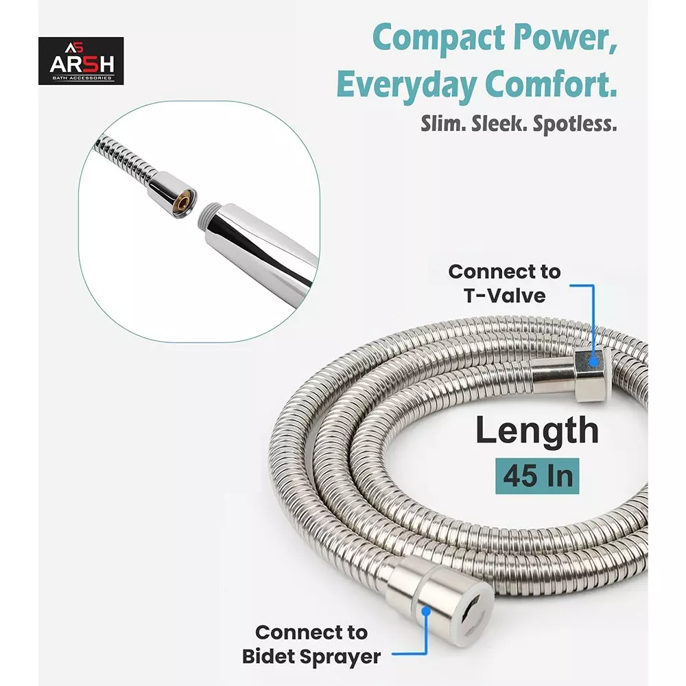 AR5H Health Faucet Pipe Stainless Steel Chrome Finish High Pressure Resistant Ultra Flexible 1.2 m, Silver