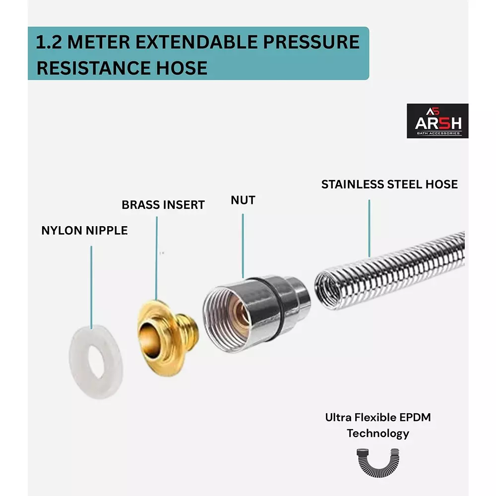 AR5H Health Faucet Pipe Stainless Steel Chrome Finish High Pressure Resistant Ultra Flexible 1.2 m, Silver