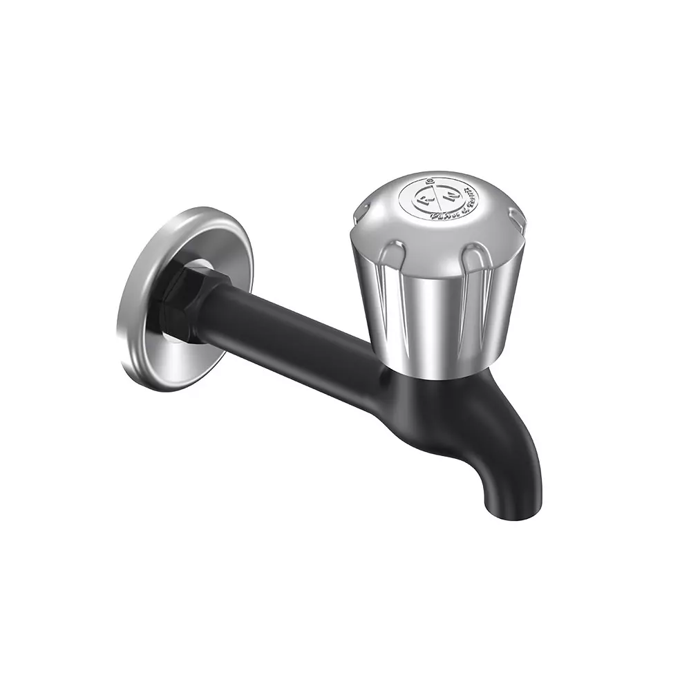 RN BIB Tap Long Body With Flange PTMT Black Chrome 1/2 Inch (15 mm) Size for Kitchen & Bathroom Use, RNSUP32D03