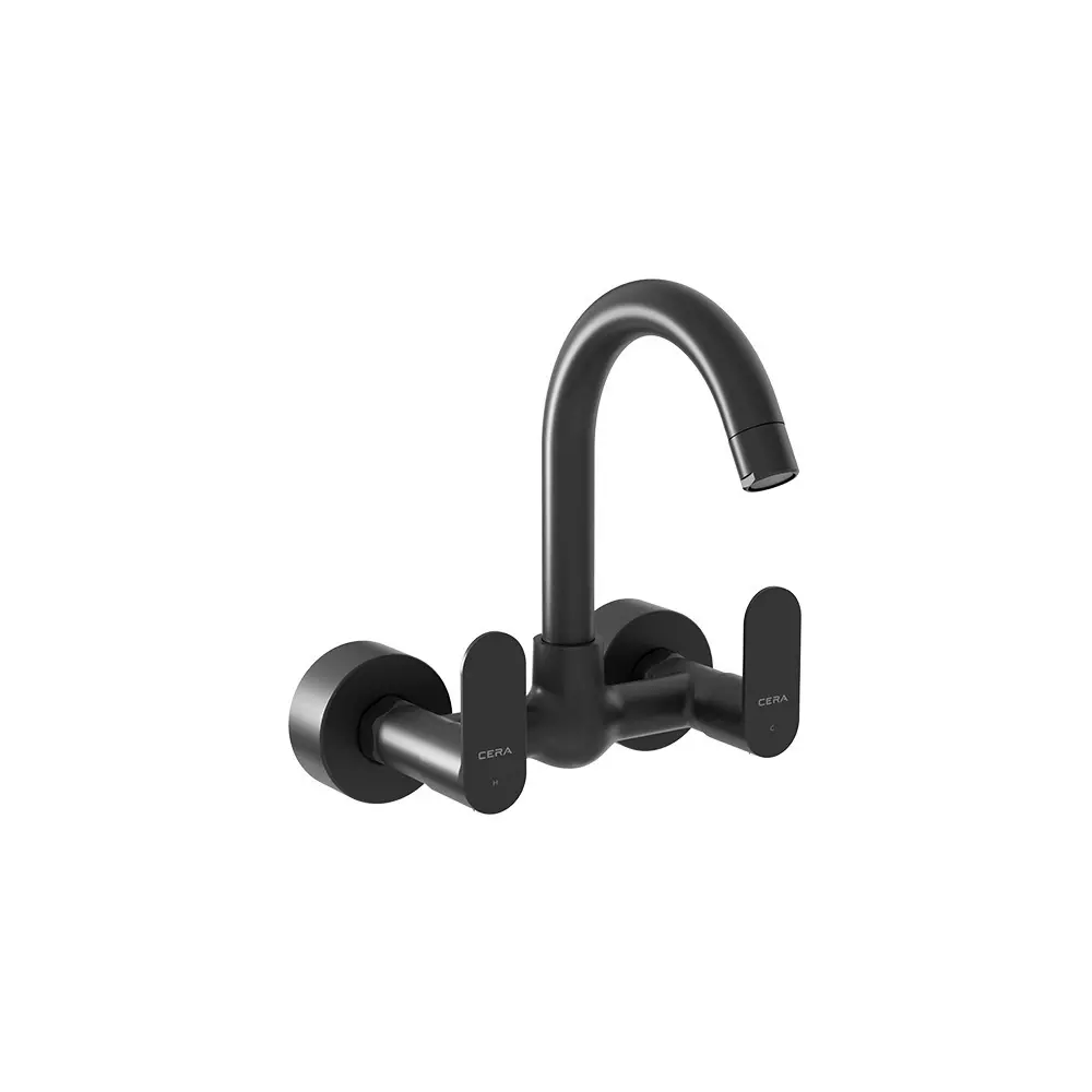 CERA Curve Sink Mixer Tap With Long Swivel Spout Connecting Leg & Wall Flange 6 Inch (150 mm) Satin Black for Bathroom Use, F1023501SB