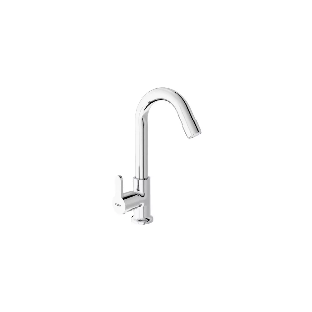 CERA Victor Swivel Swan Neck (Left) Pillar Tap With Aerator Silver Table Mounted for Bathroom Use, F1015104