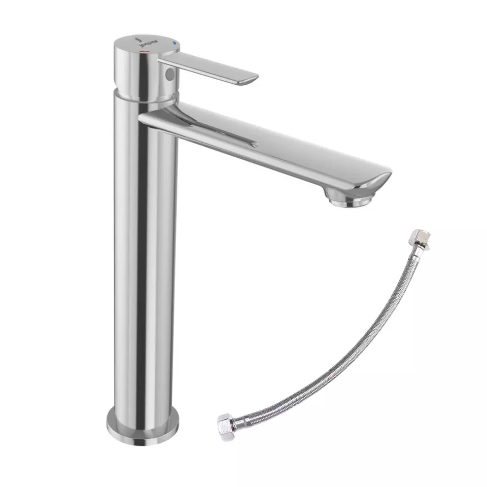 Jaquar Fusion Prime Tall Body Single Lever Extension Body Fixed Spout Tap with 600 mm Hose Pipe Silver Stainless Steel 190 mm for Home Use, FUP-CHR-29005BPM