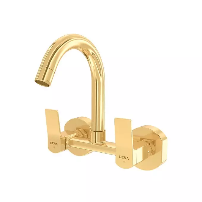 CERA Sylvina Sink Mixer Quarter Turn Wall Mount PVD Finish French Gold with Long Swivel Spout, F1021501FG