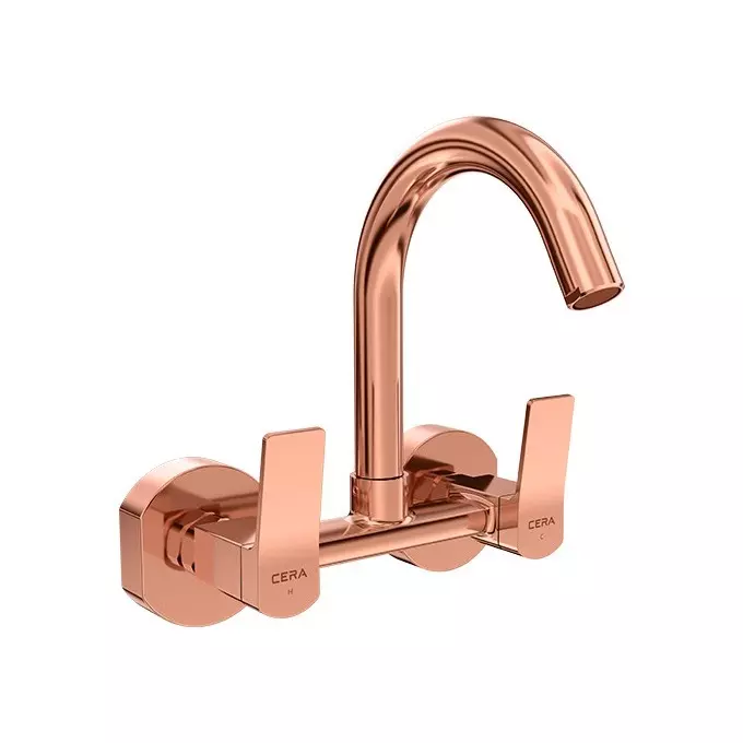 CERA Sylvina Sink Mixer Quarter Turn Wall Mount PVD Finish Rose Gold with Long Swivel Spout, F1021501RG
