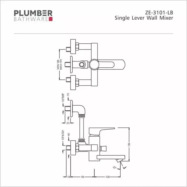 PLUMBER Zeus Single Lever Wall Mixer with 'L' Shaped Tubular Bend Set for Overhead Shower, ZE-3101-LB