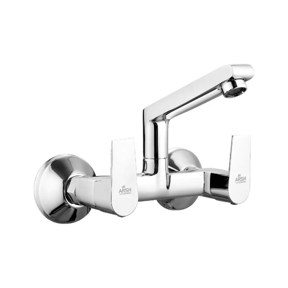 AR5H Single Lever Sink Mixer Tap Wall Mounted Chrome Finish with 360° Swivel Spout & Double Handle, ARIA-0027
