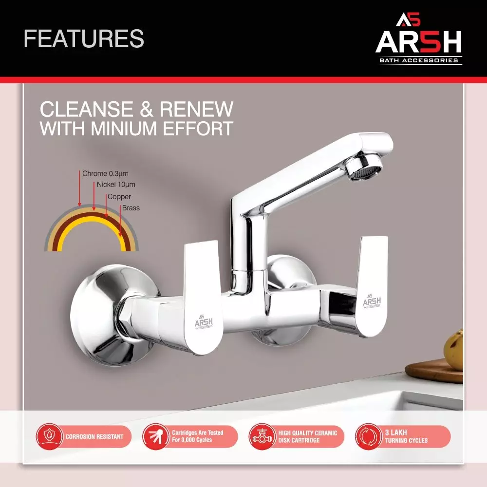 AR5H Single Lever Sink Mixer Tap Wall Mounted Chrome Finish with 360° Swivel Spout & Double Handle, ARIA-0027