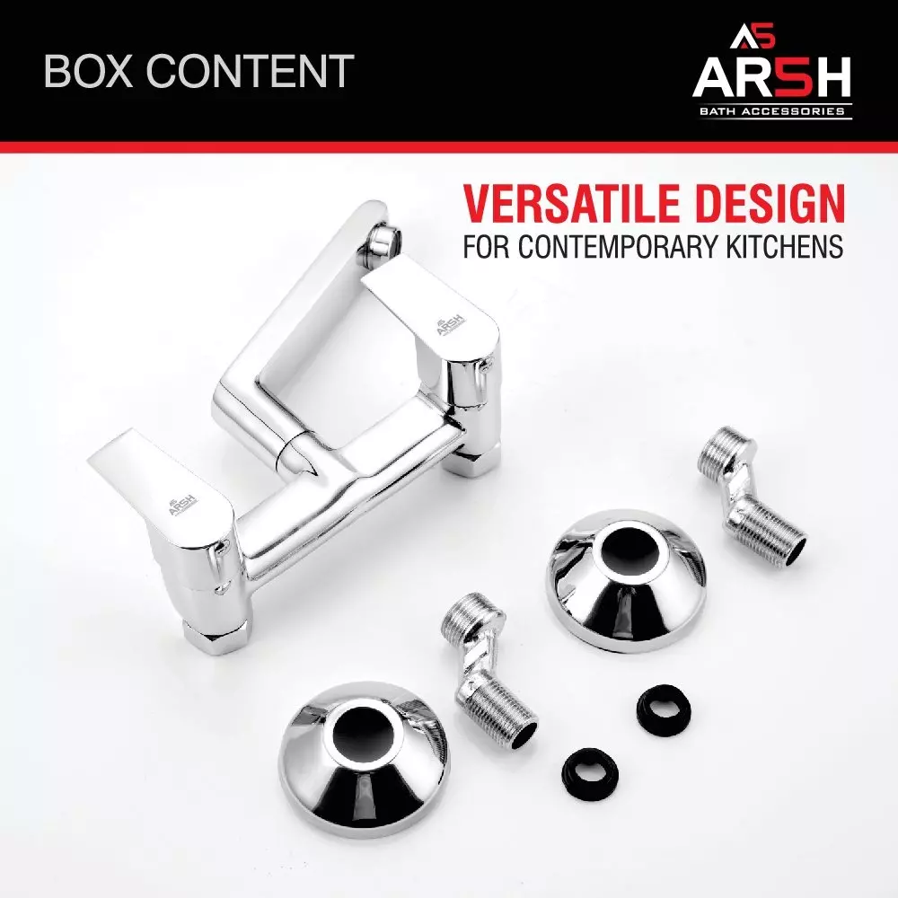 AR5H Single Lever Sink Mixer Tap Wall Mounted Chrome Finish with 360° Swivel Spout & Double Handle, ARIA-0027
