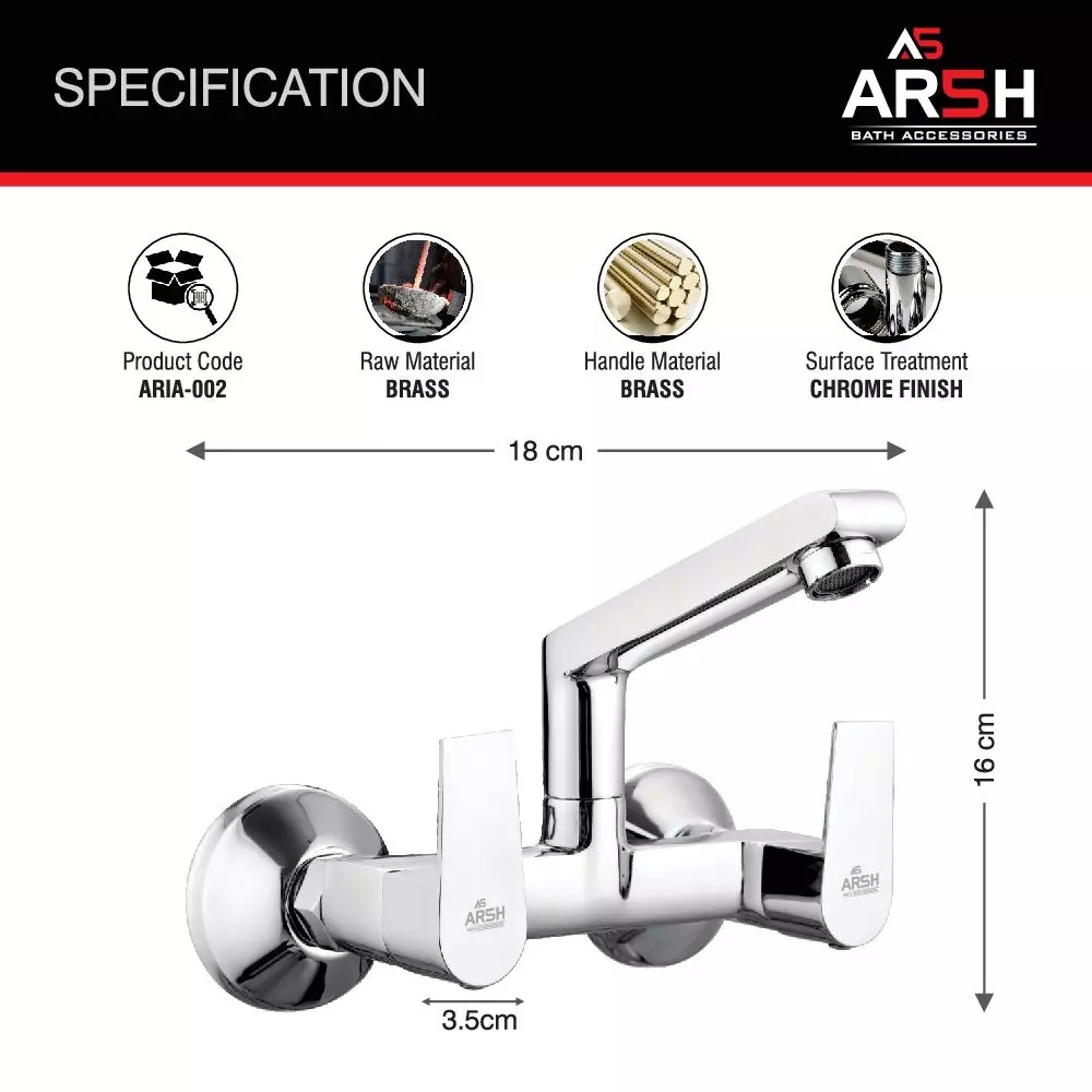 AR5H Single Lever Sink Mixer Tap Wall Mounted Chrome Finish with 360° Swivel Spout & Double Handle, ARIA-0027