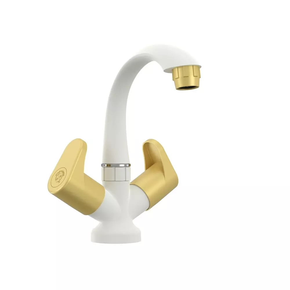 RN Lofty Collection Foam Flow Center Hole Basin Mixer Tap PTMT White Bright Gold 1/2 Inch (15 mm) Size for Kitchen & Bathroom Use, RNLOF37A27