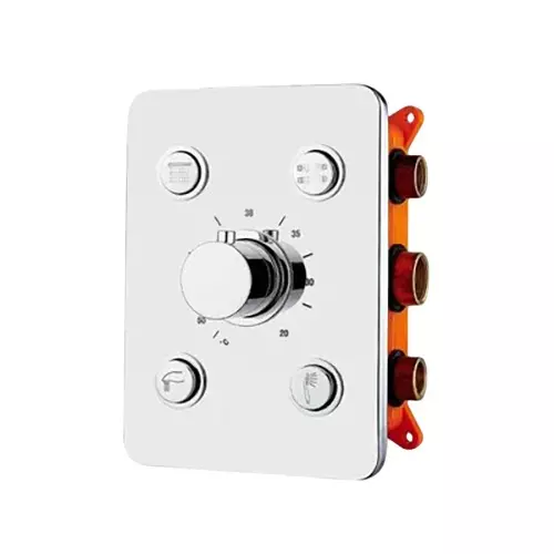 IVAS Thermostat Diverter Push Button with Concealed Part 4 Way Wall Mounted Chrome Finish Silver for Bathroom & Toilets Use, IM12009678