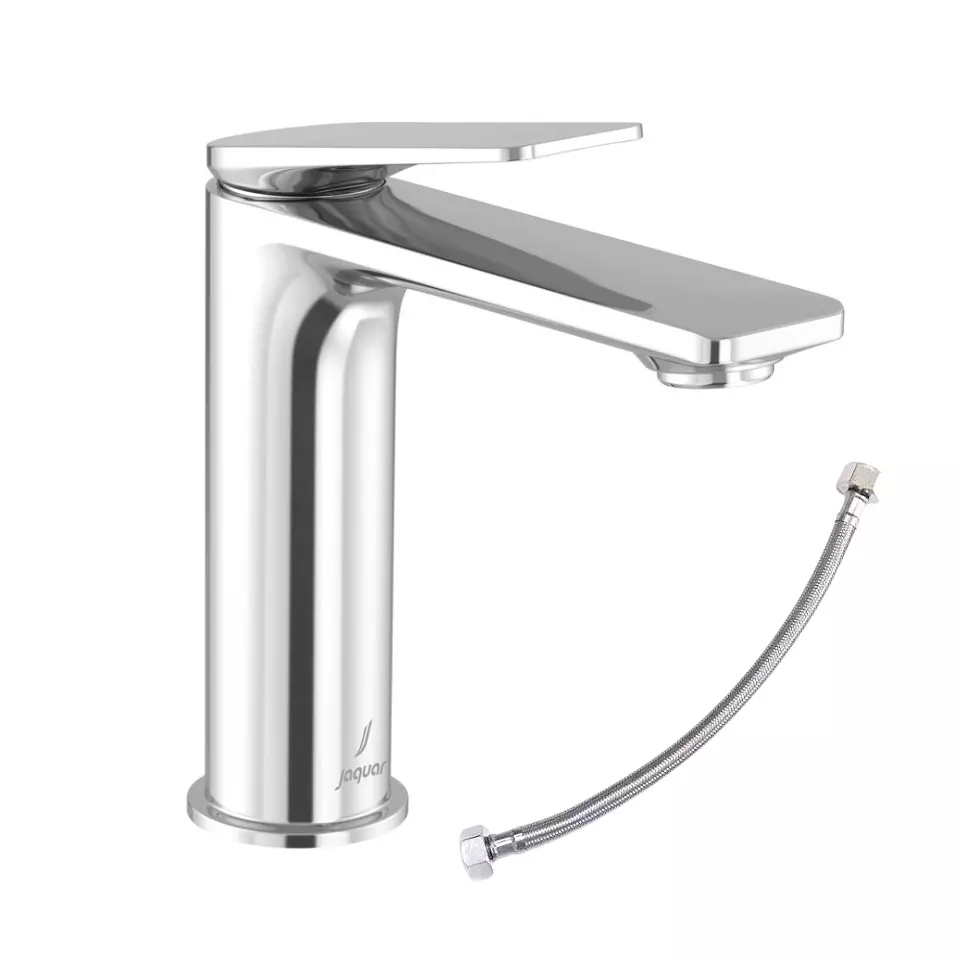 Jaquar Laguna Single Lever Extended Basin Mixer Tap with 450 mm Long Braided Hose & Base Flange Silver Stainless Steel 128 mm for Home Use, LAG-CHR-91023BWF
