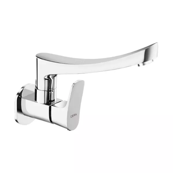 CERA Perla Quarter Turn Wall Mount Sink Cock with 200 mm Swivel Spout and Wall Flange