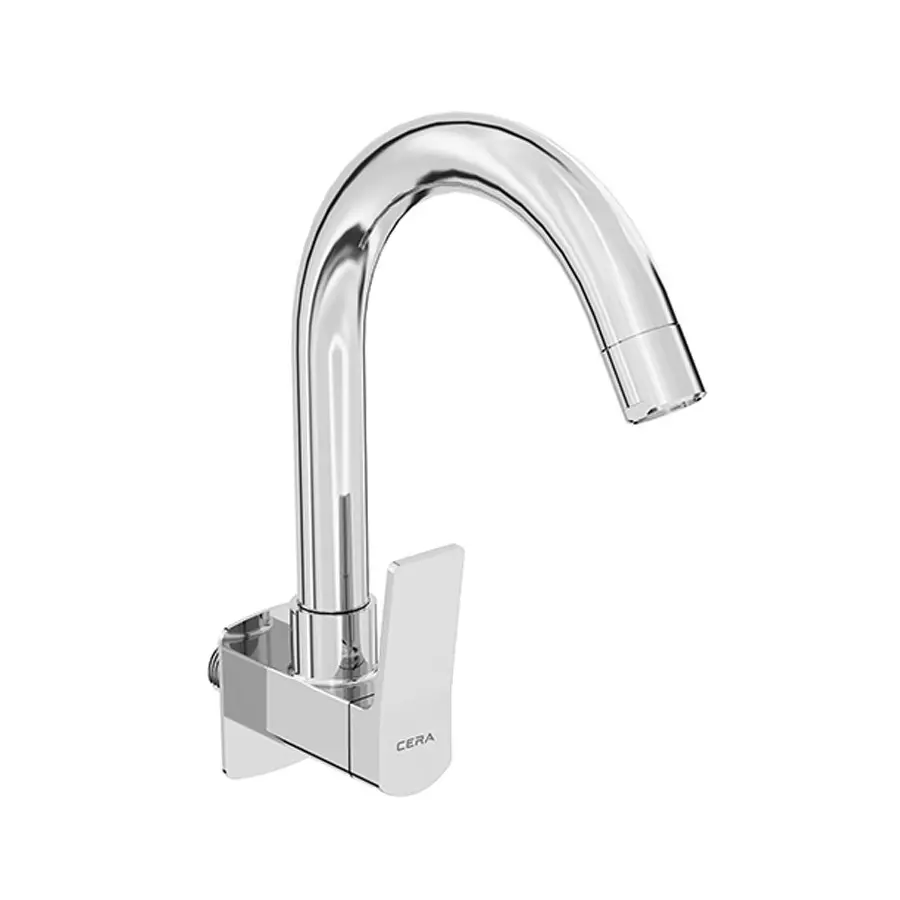 CERA Sylvina Sink Cock Quarter Turn Wall Mount Chrome Plating Chrome with Long Swivel Spout & Wall Flange, F1021251