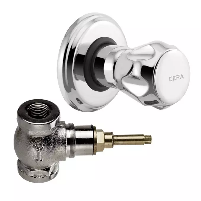CERA OCEAN Stop Cock Half Turn Exposed Part + Concealed Part Wall Mount Silver, F3001351+F4050101