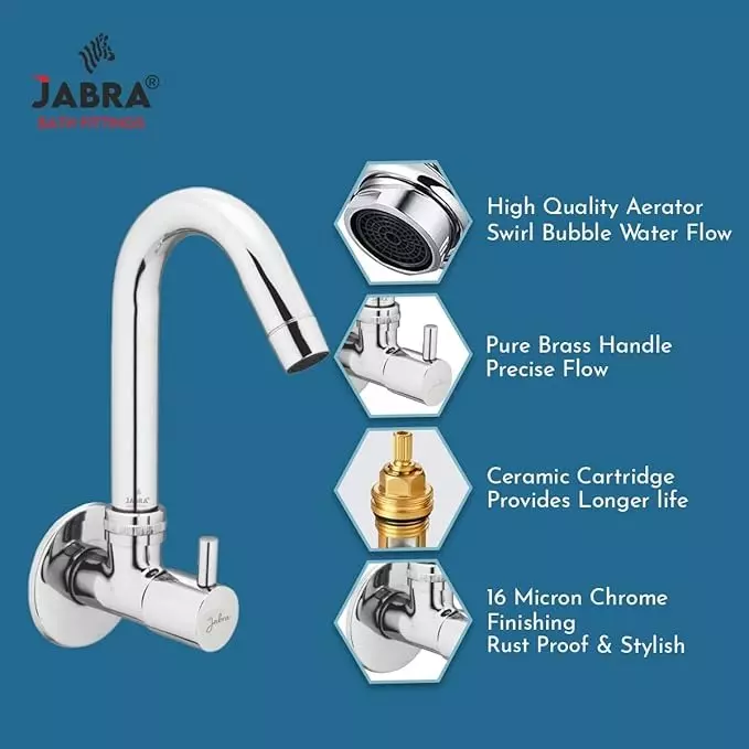 Jabra Sink Cock (L) Flora Series Brass Chrome Finish Wall Mount Silver