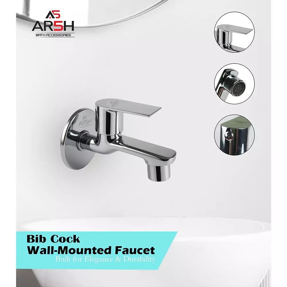 AR5H Bib Tap Brass Single Lever Operation Wall Mounted with Wall Flange Chrome Finish, Silver