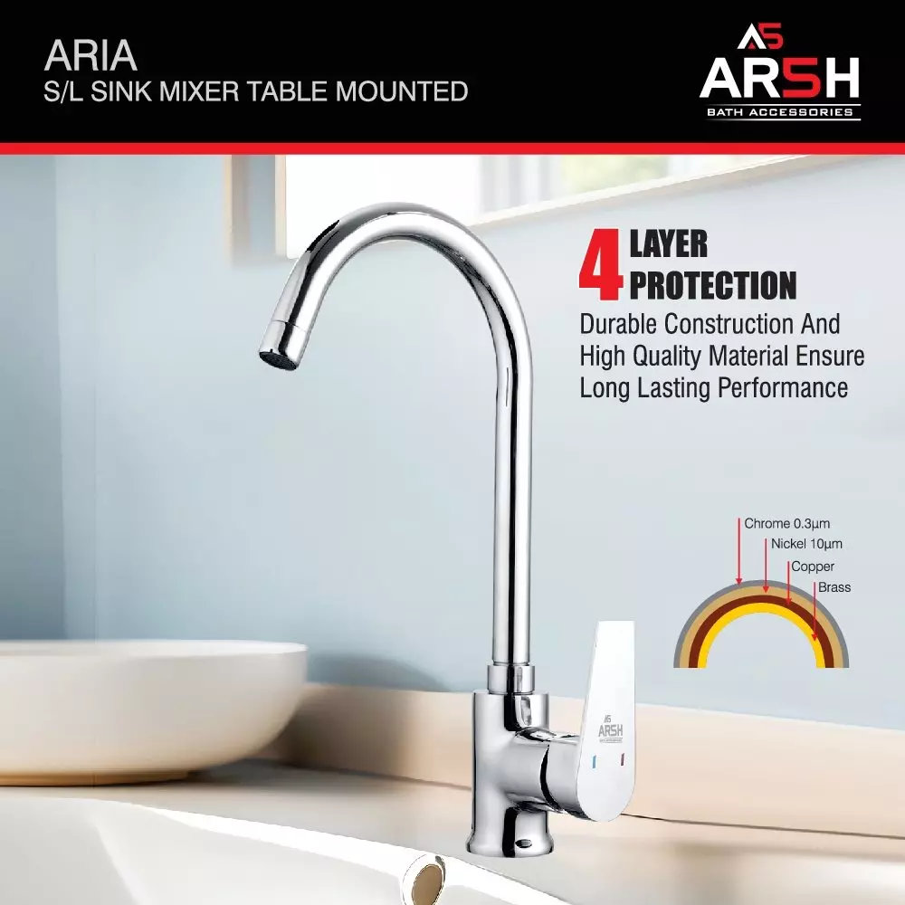 AR5H Single Lever Sink Mixer Tap Table Mounted Brass Chrome Finish with 360° Swivel Spout, ARIA-004