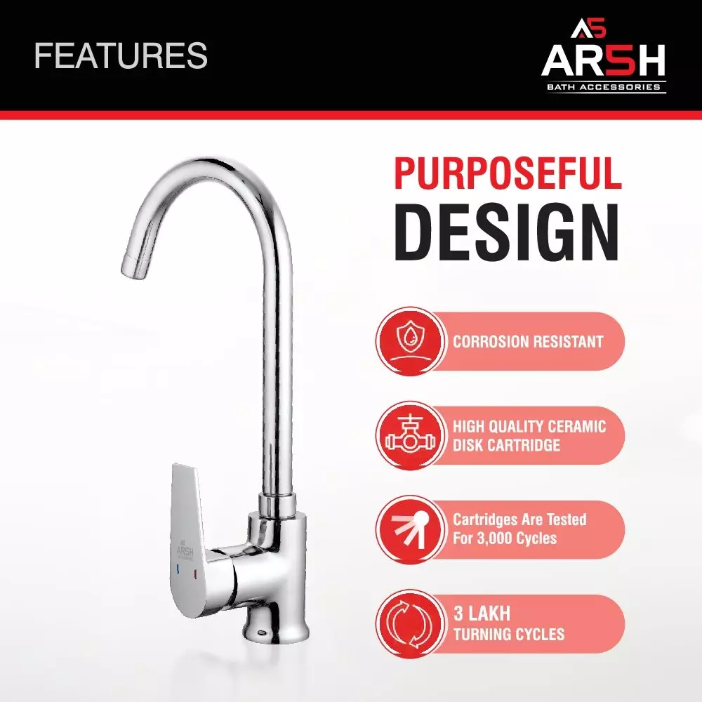 AR5H Single Lever Sink Mixer Tap Table Mounted Brass Chrome Finish with 360° Swivel Spout, ARIA-004