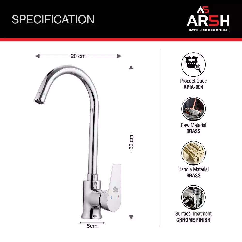 AR5H Single Lever Sink Mixer Tap Table Mounted Brass Chrome Finish with 360° Swivel Spout, ARIA-004