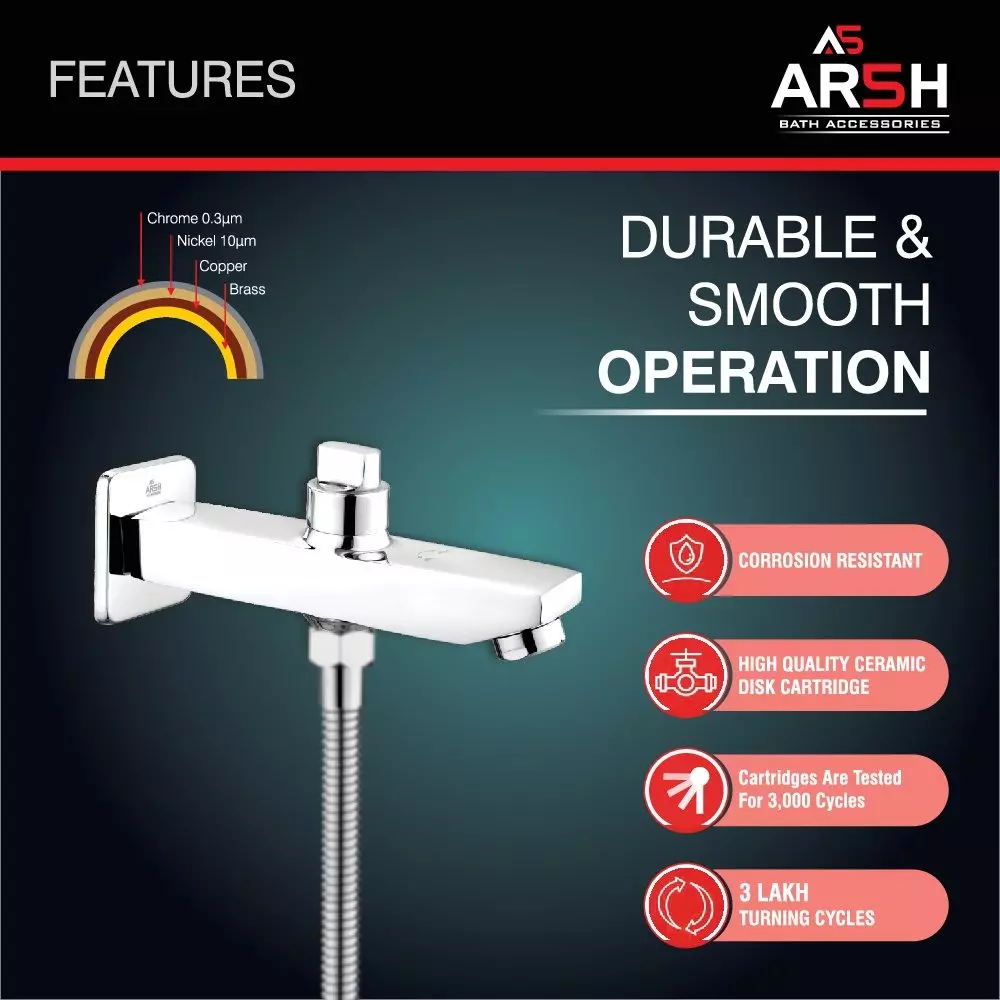 AR5H Pure Brass Bathtub Spout Wall Mount with Square Wall Flange Mirror Chrome Finish Silver, CUBIX-0018