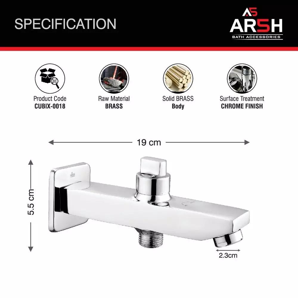 AR5H Pure Brass Bathtub Spout Wall Mount with Square Wall Flange Mirror Chrome Finish Silver, CUBIX-0018
