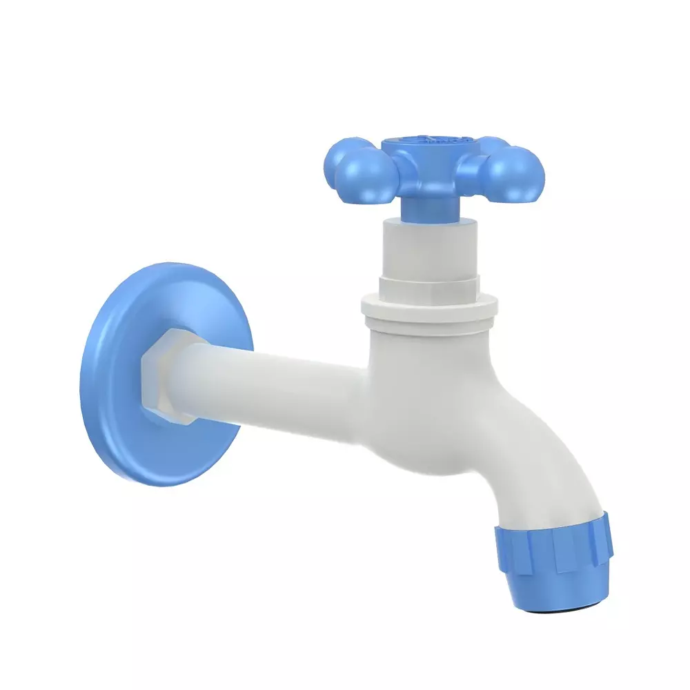 RN Rimjhim Collection Foam Flow Long Body Tap With Flange PTMT Box Packaging Type White Blue 1/2 Inch (15 mm) Size for Kitchen & Bathroom Use, RNRIM19A33