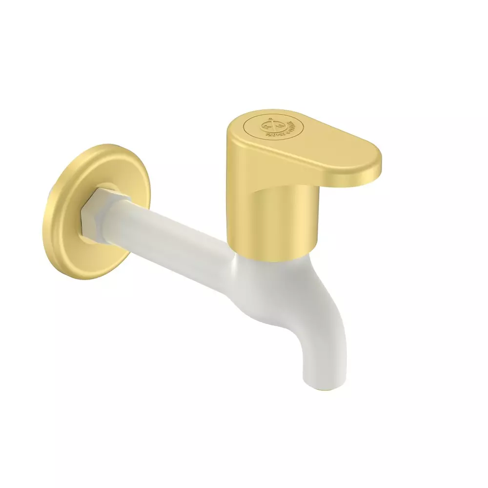 RN Lofty Collection BIB Tap Long Body With Flange PTMT White Bright Gold 1/2 Inch (15 mm) Size for Kitchen & Bathroom Use, RNLOF37A03