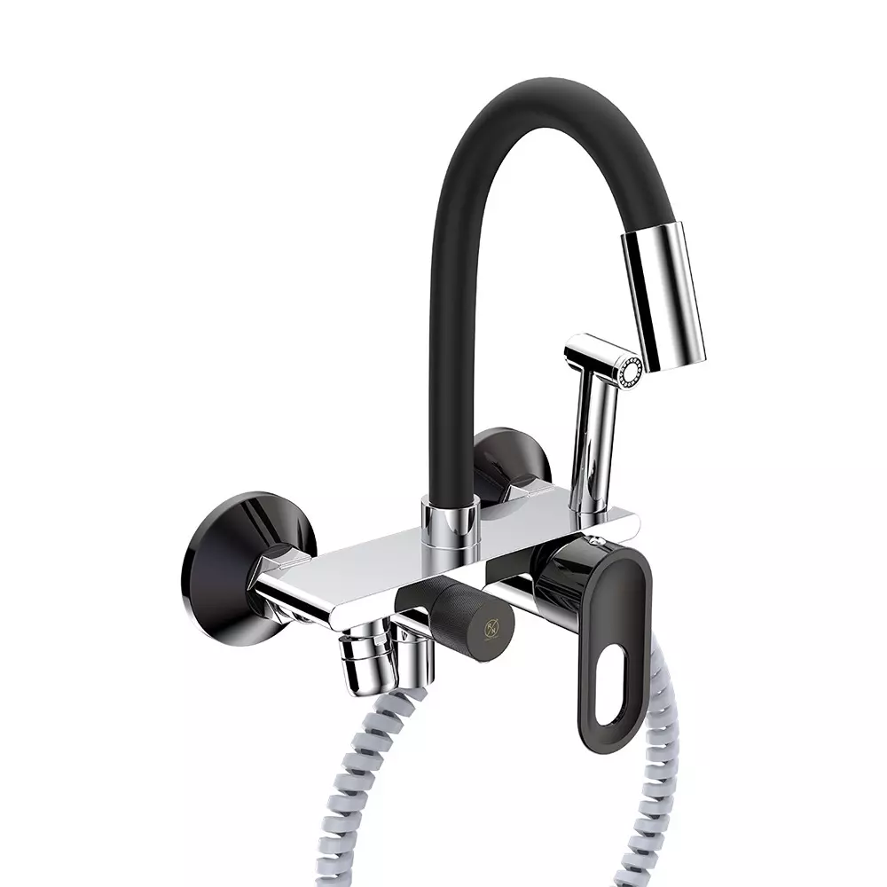 RN Flexible Spout Swivel Sink Mixer Tap Kit Wall Mounted Black Chrome 1/2 Inch (15 mm) Size for Kitchen, RNAMA26G52