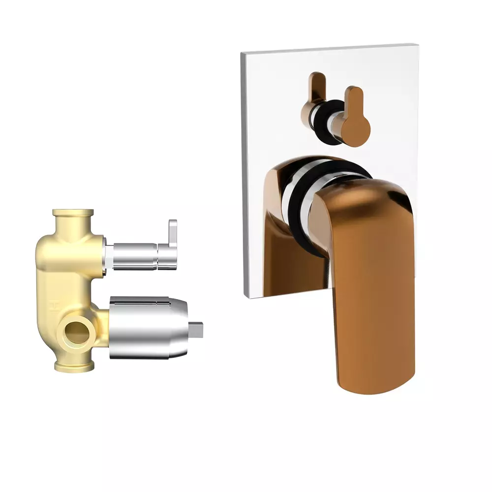 RN Solitaire Pro Rose Gold Chrome Collection Single Lever Expose & Concealed Part Kit 2 Inlet & 2 Outlet Diverter Body Ultra Hi Flow 4 Way Wall Mounted 1 3/4 Inch (45 mm) Size