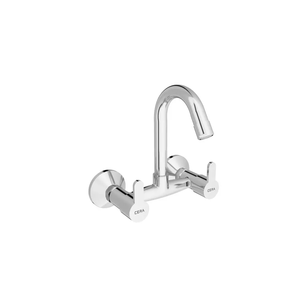 CERA Victor Sink Mixer Tap With Long Swivel Spout Connecting Leg & Wall Flange 7.5 Inch (190 mm) Silver Wall Mounted for Bathroom Use, F1015502