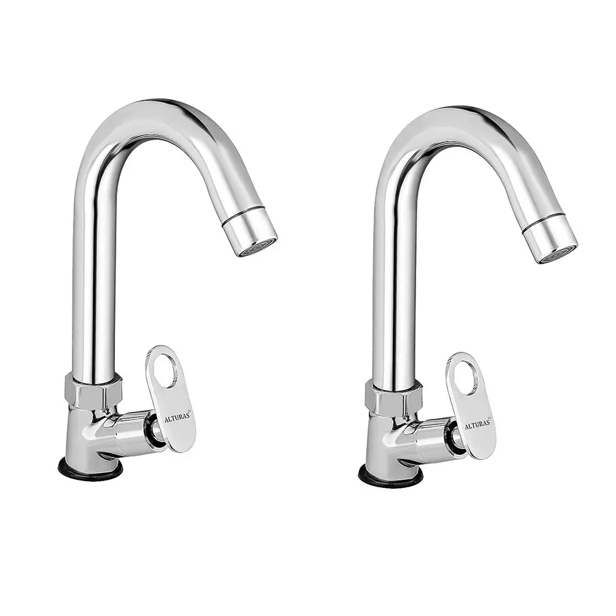 ALTURAS Max Swan Neck Brass Sink Cock Tap for Bathroom/Kitchen Pillar Tap (Set of 2)