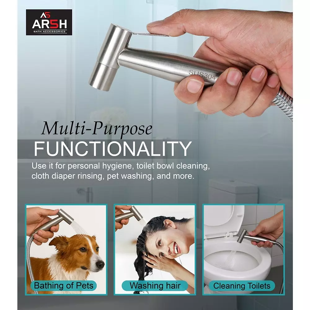 AR5H Health Faucet Stainless Steel with Ultra Flexible 1.2 m Hose Pipe & Wall Mount Holder Brushed Finish