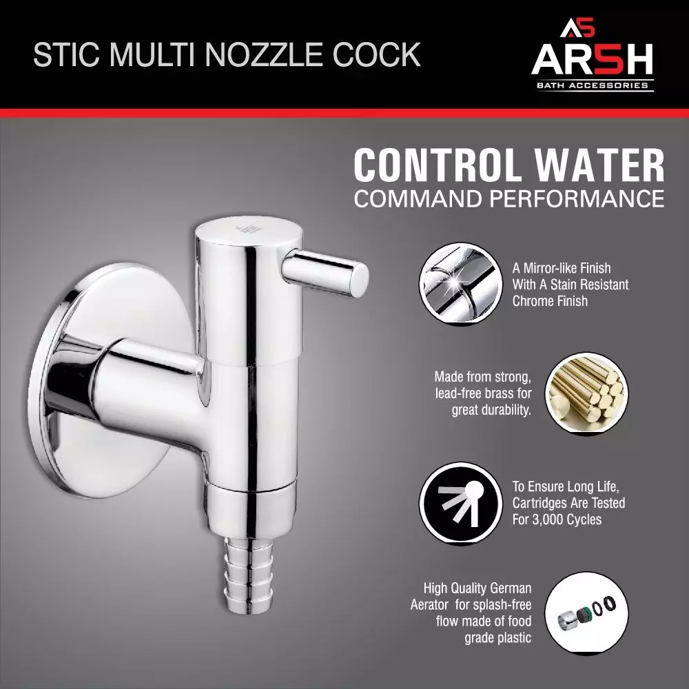 AR5H Multi Nozzle Bib Tap Brass for Washing Machine with Wall Flange Chrome Finish, ‎STIC_0016