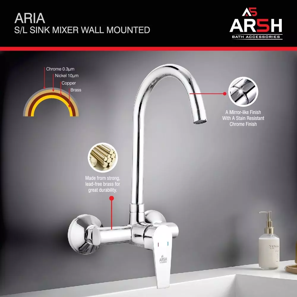 AR5H Single Lever Sink Mixer Tap Wall Mounted Brass Chrome Finish with 360° Swivel Spout, ARIA-003