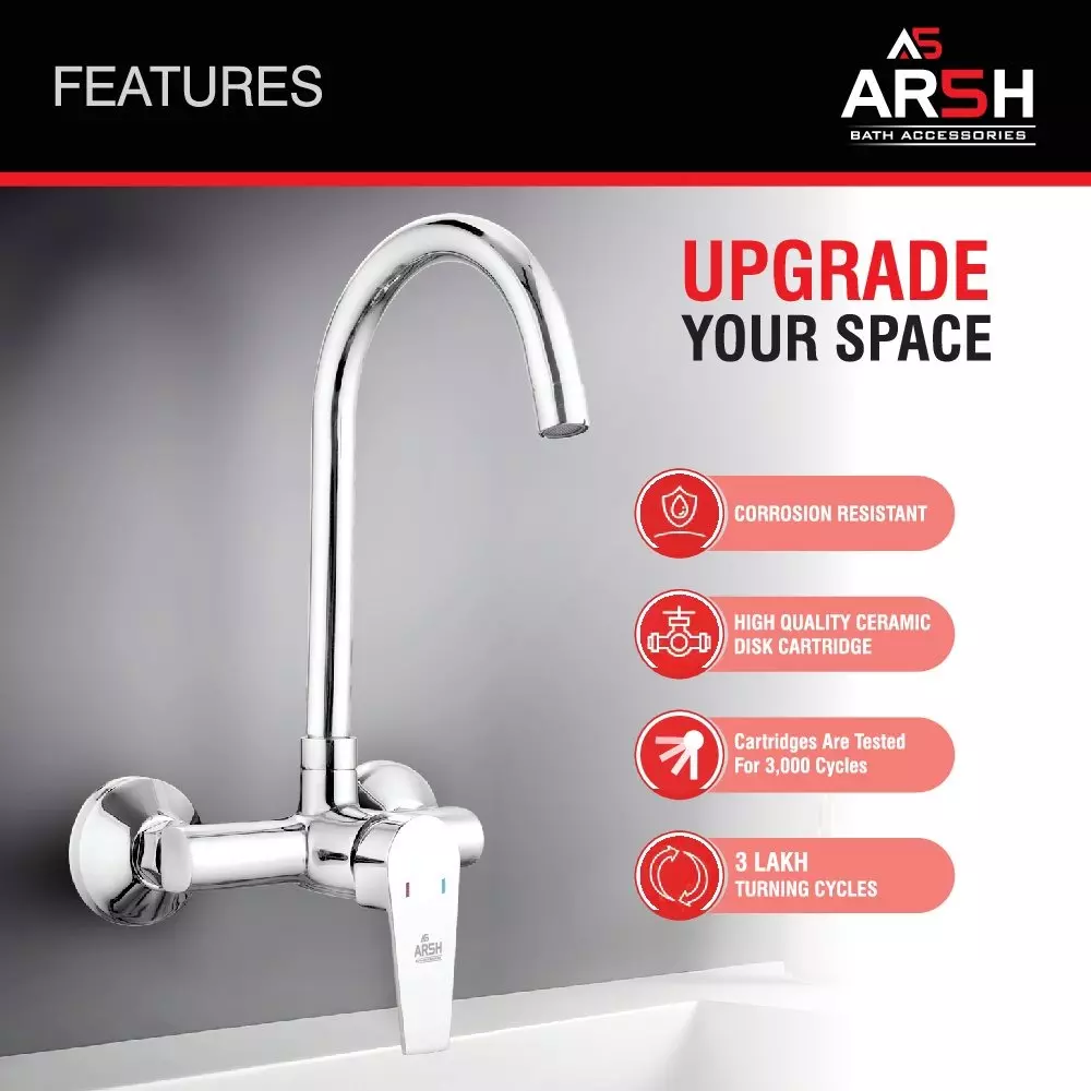 AR5H Single Lever Sink Mixer Tap Wall Mounted Brass Chrome Finish with 360° Swivel Spout, ARIA-003